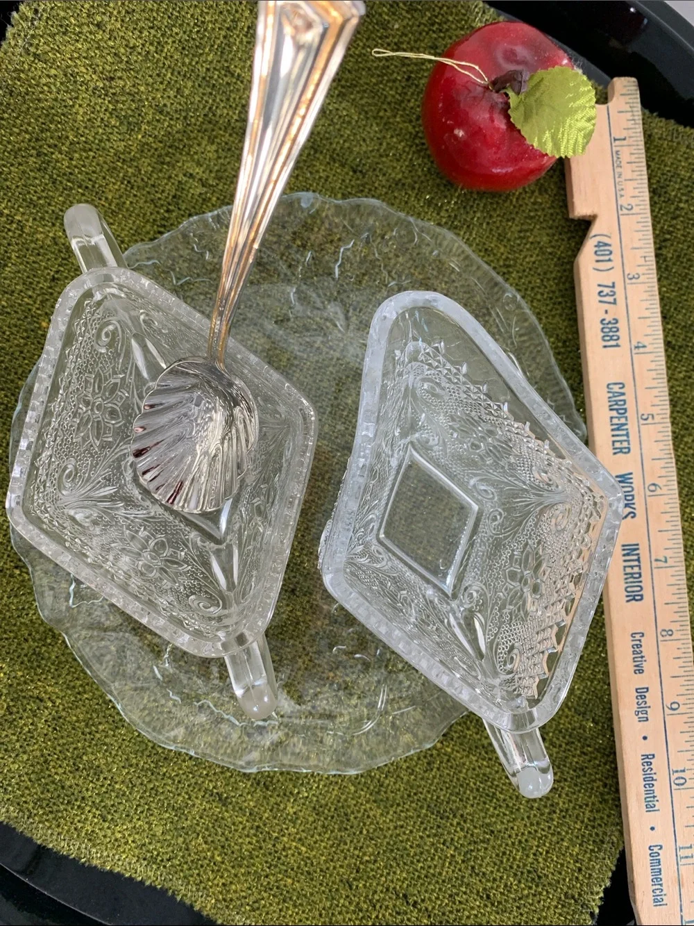 Indiana Glass Sandwich pattern - Diamond Shape Sugar&Creamer w/Sugar Shell Spoon